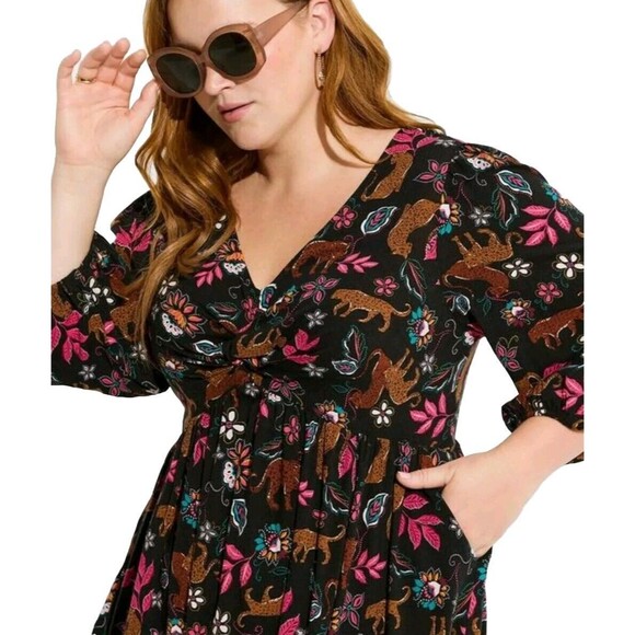 NWT Sz 1 Torrid Rayon Slub Balloon Sleeve Twist Font Black Leopard Leaves Dress - Picture 2 of 12